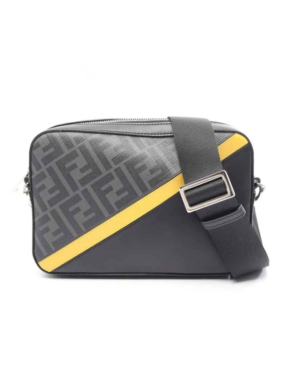 Fendi Shoulder Bag Diagonal Camera Case Zucca Black Gray Yellow Canvas Leather
